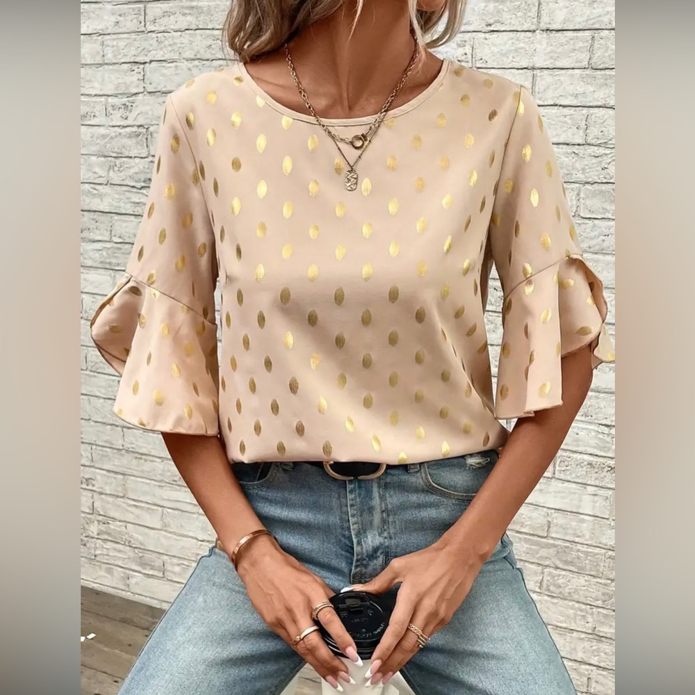 Chic Polka Dot Blouse with Ruffle Cuffs - Flattering Crew neckline - Picture 3 of 3